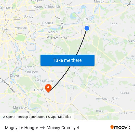Magny-Le-Hongre to Moissy-Cramayel map