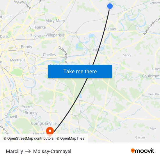 Marcilly to Moissy-Cramayel map