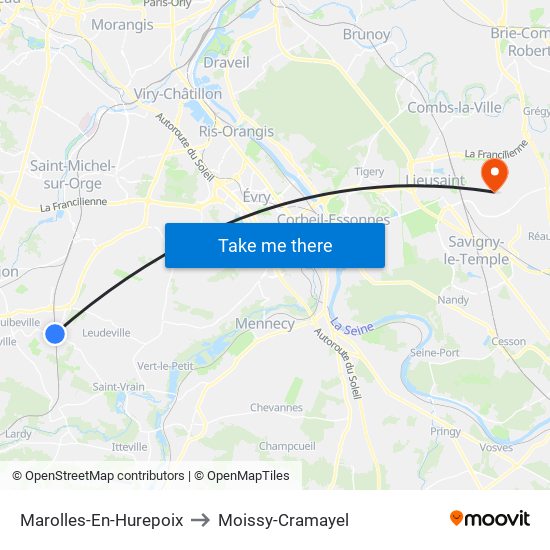 Marolles-En-Hurepoix to Moissy-Cramayel map