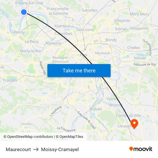 Maurecourt to Moissy-Cramayel map