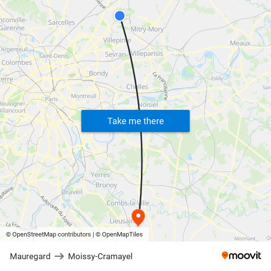 Mauregard to Moissy-Cramayel map