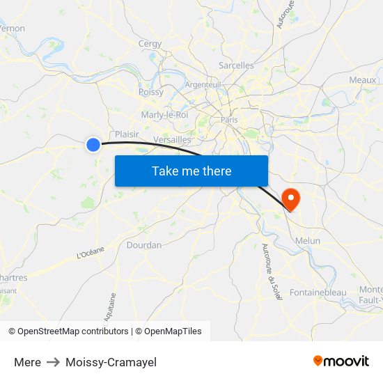 Mere to Moissy-Cramayel map