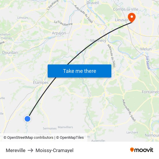 Mereville to Moissy-Cramayel map