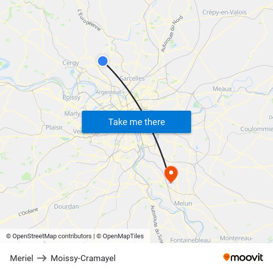 Meriel to Moissy-Cramayel map