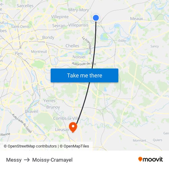 Messy to Moissy-Cramayel map