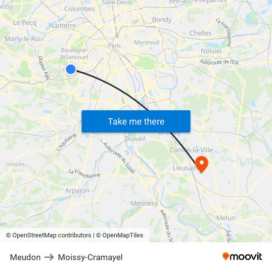 Meudon to Moissy-Cramayel map