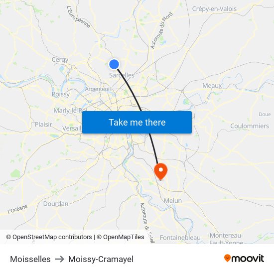 Moisselles to Moissy-Cramayel map