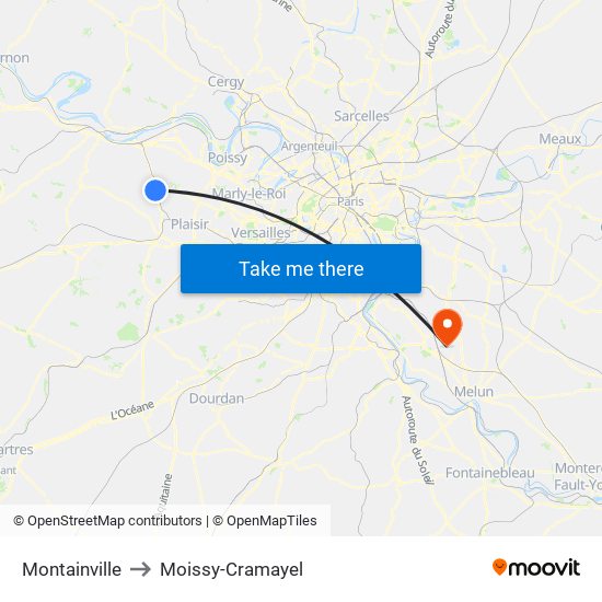 Montainville to Moissy-Cramayel map
