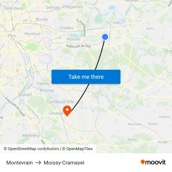 Montevrain to Moissy-Cramayel map