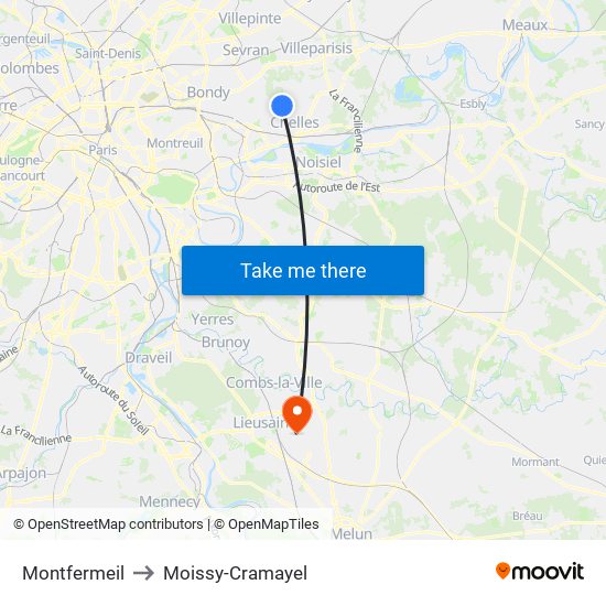 Montfermeil to Moissy-Cramayel map