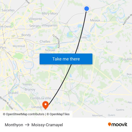 Monthyon to Moissy-Cramayel map