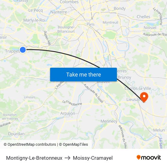 Montigny-Le-Bretonneux to Moissy-Cramayel map