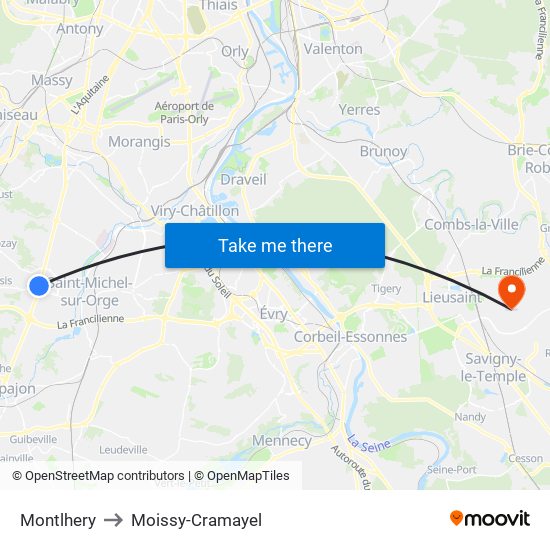 Montlhery to Moissy-Cramayel map