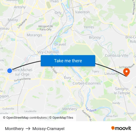 Montlhery to Moissy-Cramayel map