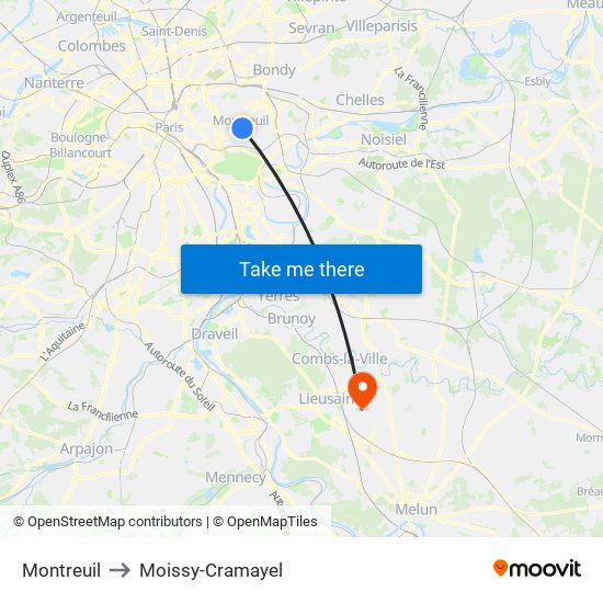 Montreuil to Moissy-Cramayel map