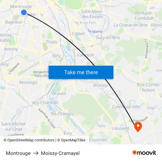 Montrouge to Moissy-Cramayel map