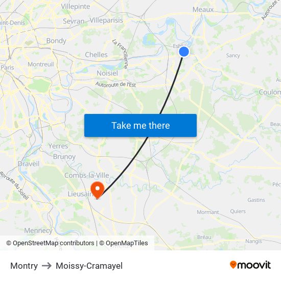 Montry to Moissy-Cramayel map