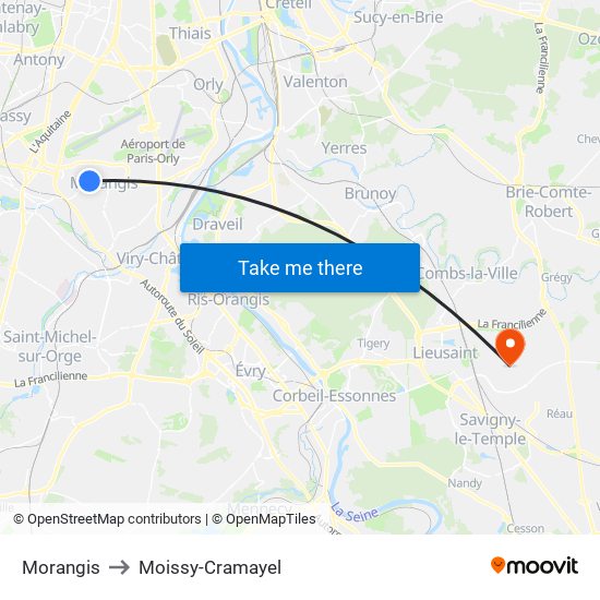 Morangis to Moissy-Cramayel map