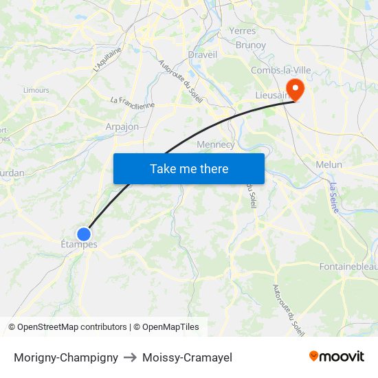 Morigny-Champigny to Moissy-Cramayel map