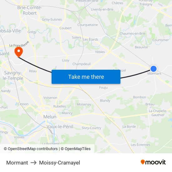 Mormant to Moissy-Cramayel map