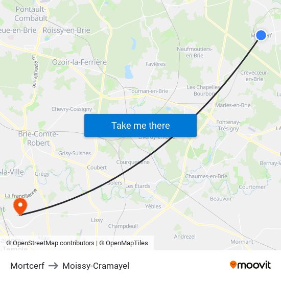 Mortcerf to Moissy-Cramayel map