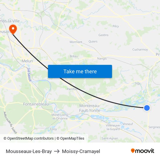 Mousseaux-Les-Bray to Moissy-Cramayel map
