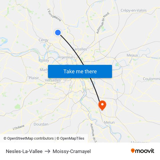 Nesles-La-Vallee to Moissy-Cramayel map