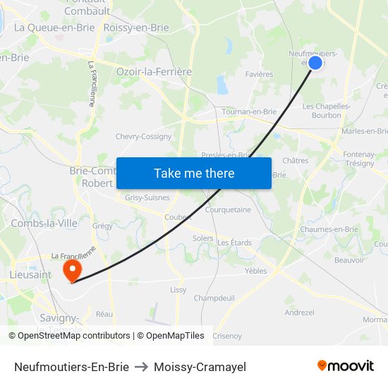 Neufmoutiers-En-Brie to Moissy-Cramayel map