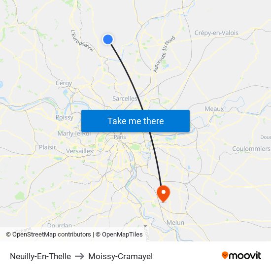 Neuilly-En-Thelle to Moissy-Cramayel map