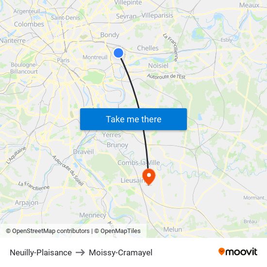 Neuilly-Plaisance to Moissy-Cramayel map