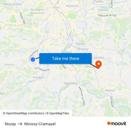 Nozay to Moissy-Cramayel map