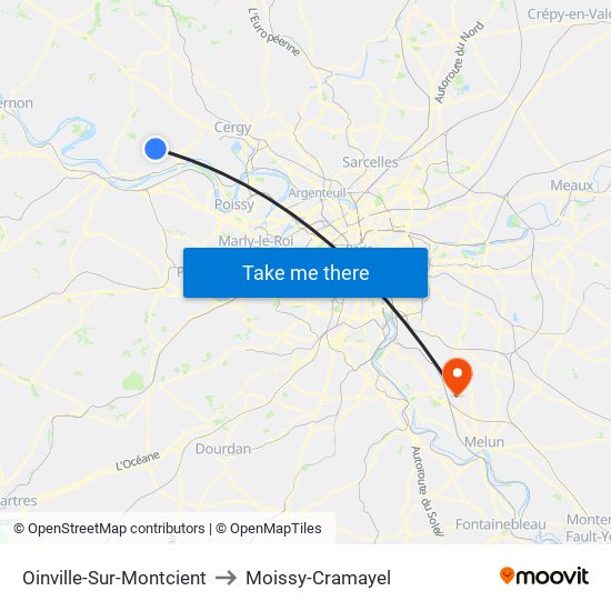 Oinville-Sur-Montcient to Moissy-Cramayel map
