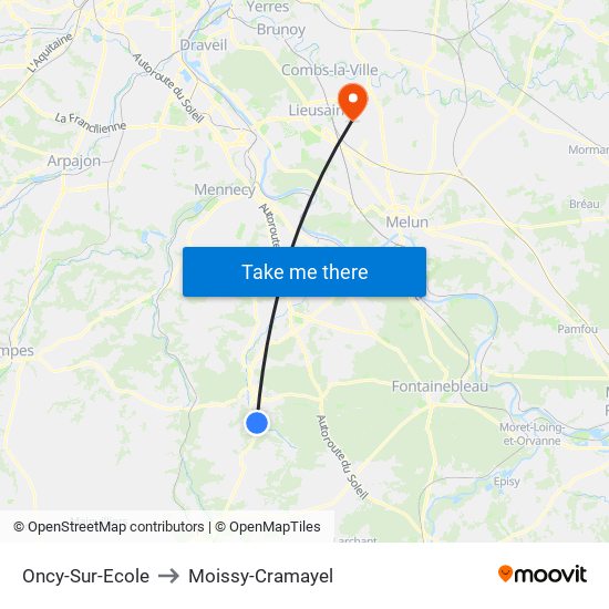 Oncy-Sur-Ecole to Moissy-Cramayel map
