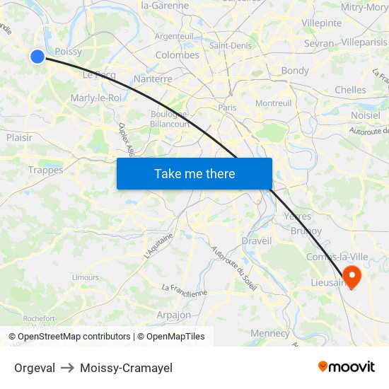 Orgeval to Moissy-Cramayel map