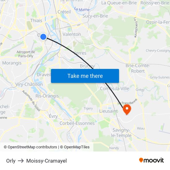 Orly to Moissy-Cramayel map