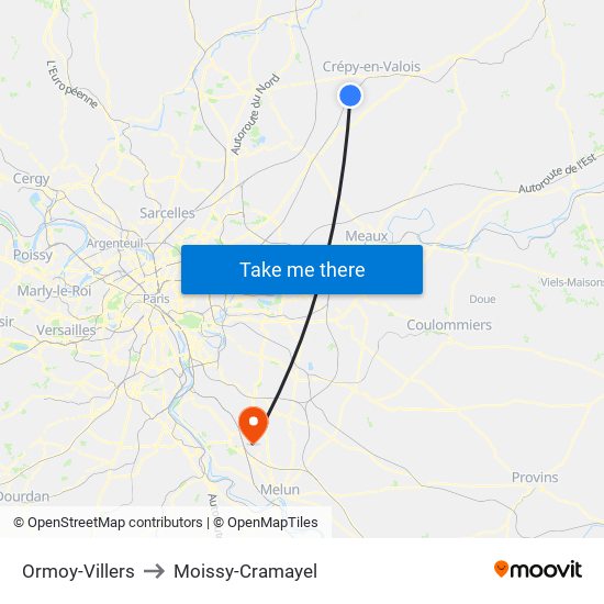Ormoy-Villers to Moissy-Cramayel map