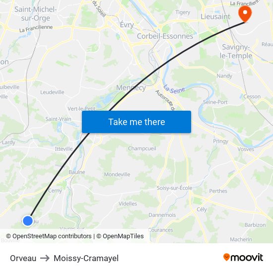 Orveau to Moissy-Cramayel map