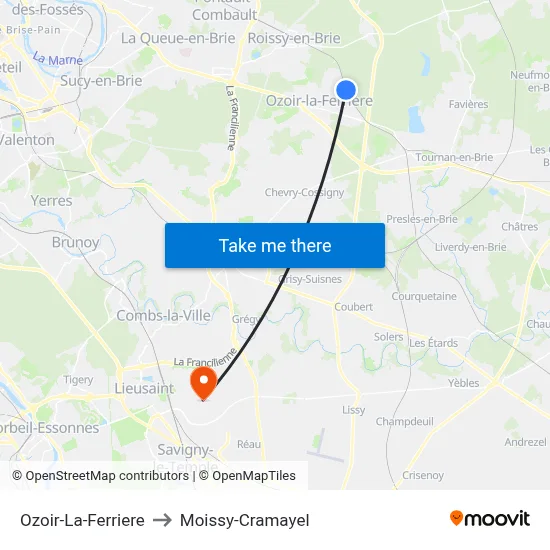 Ozoir-La-Ferriere to Moissy-Cramayel map