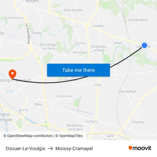 Ozouer-Le-Voulgis to Moissy-Cramayel map