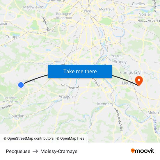 Pecqueuse to Moissy-Cramayel map