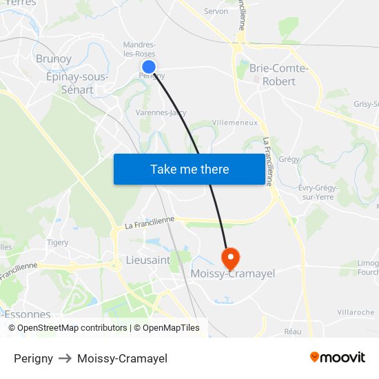 Perigny to Moissy-Cramayel map