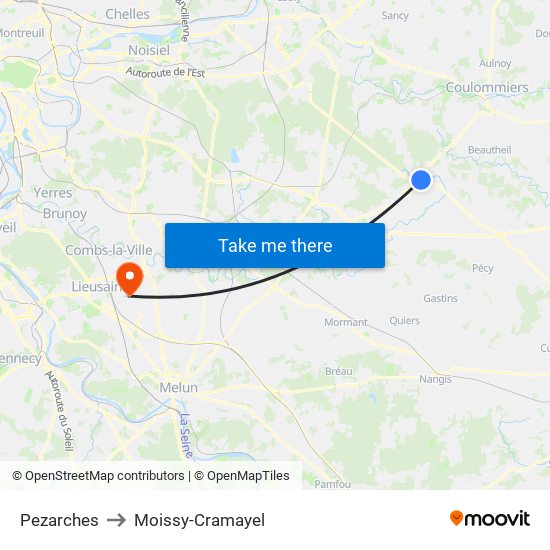 Pezarches to Moissy-Cramayel map