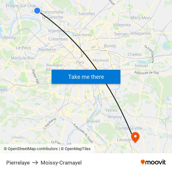 Pierrelaye to Moissy-Cramayel map