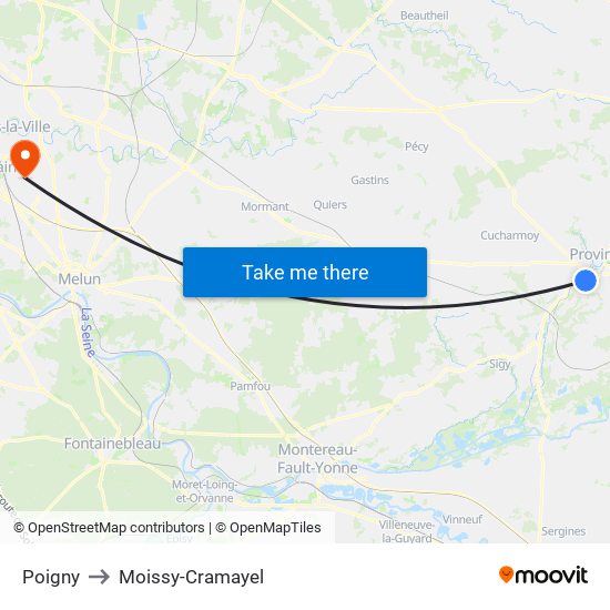 Poigny to Moissy-Cramayel map