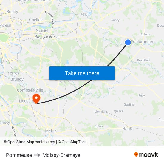 Pommeuse to Moissy-Cramayel map