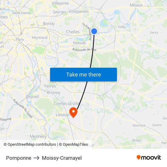 Pomponne to Moissy-Cramayel map