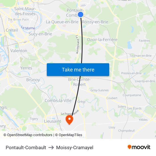 Pontault-Combault to Moissy-Cramayel map