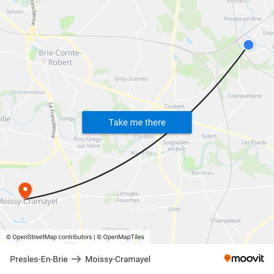 Presles-En-Brie to Moissy-Cramayel map