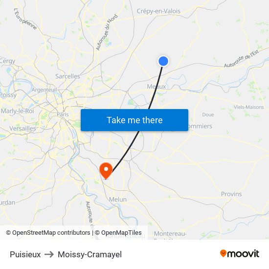 Puisieux to Moissy-Cramayel map