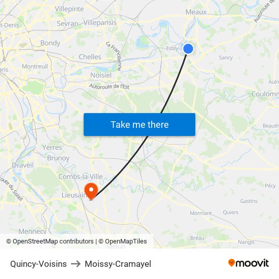 Quincy-Voisins to Moissy-Cramayel map